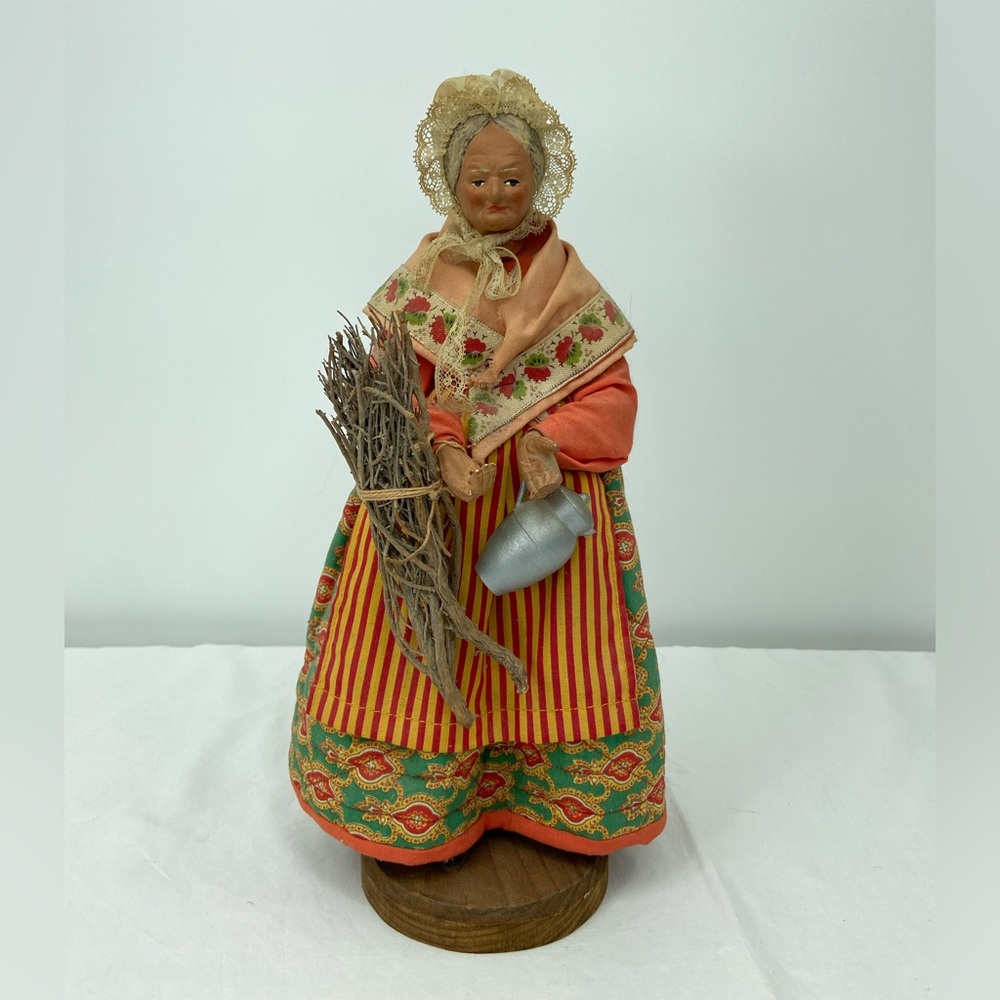 Santon de Provence French Clay Doll Vintage Orange Floral Apron Figurine 13"